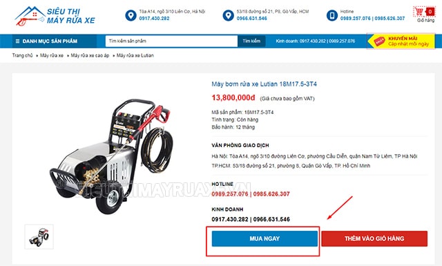 Cách mua máy rửa xe Lutian 18M17.5-3T4 qua trang web